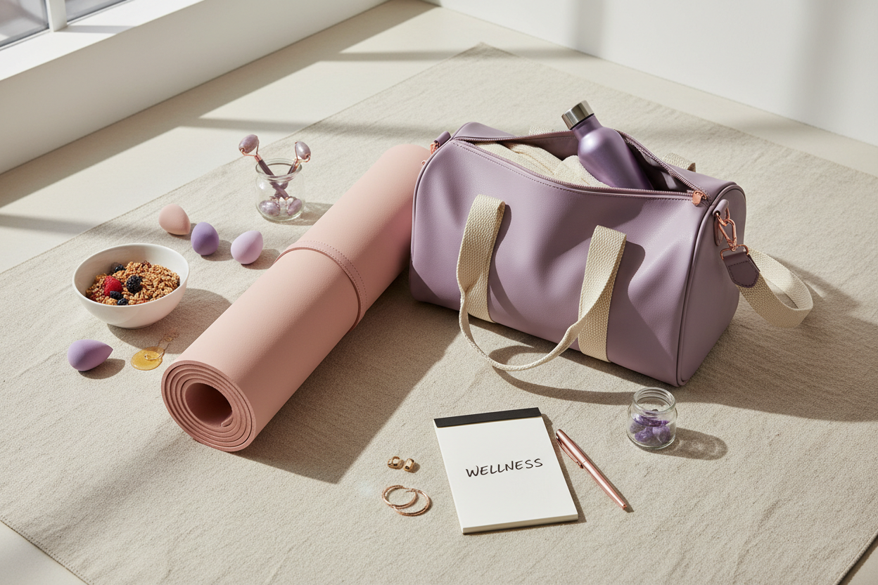 Wellness lifestyle collage with yoga mat, beauty blenders, and duffel bag